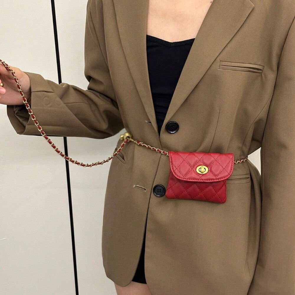 Burgundy Fashionable Women's Faux Diamond Embroidered Chain Mini Shoulder Bag - Picture 4 of 5